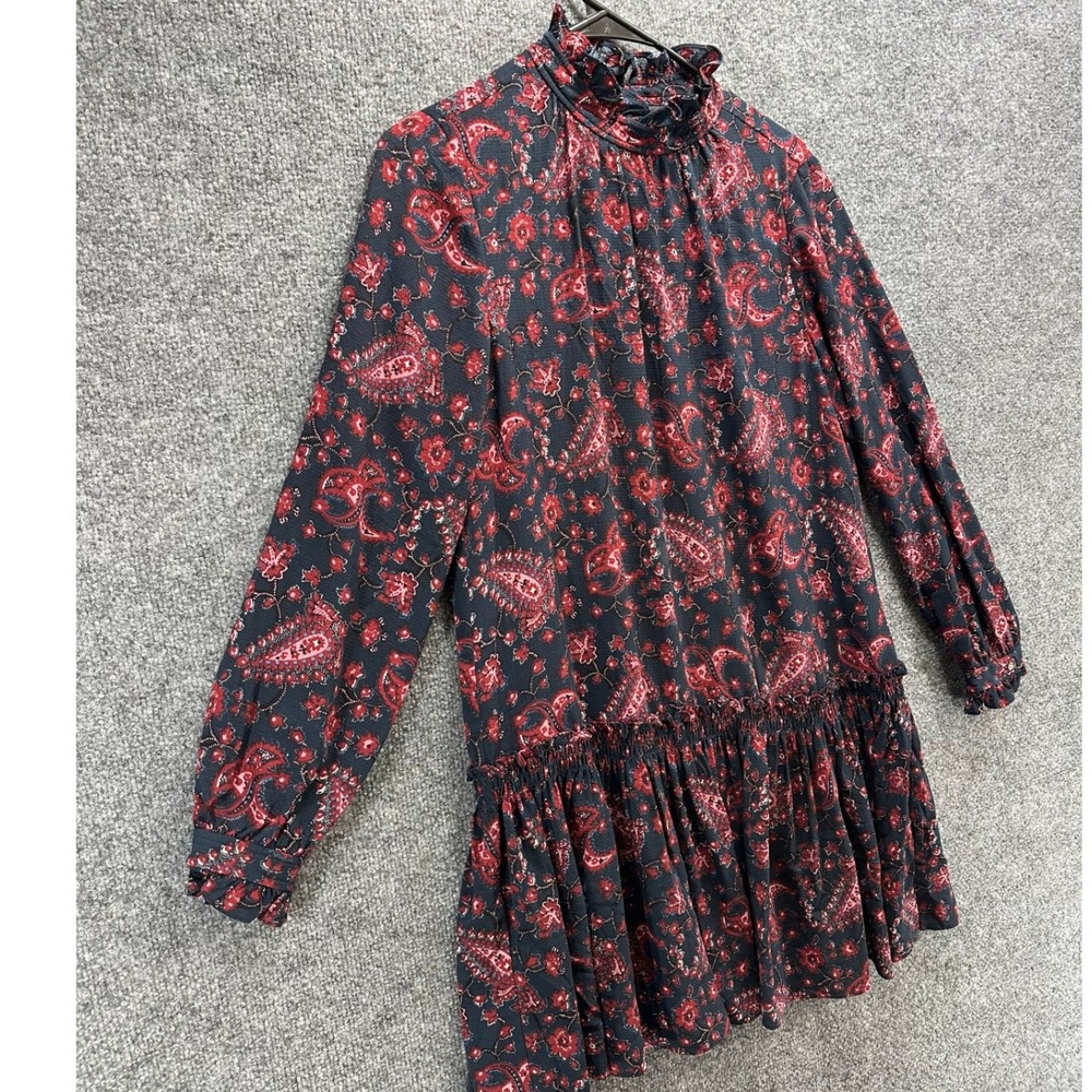 La Vie Rebecca Taylor Navy Red Paisley Ruffle Neck Drop Waist Mini Dress Small - Picture 6 of 12
